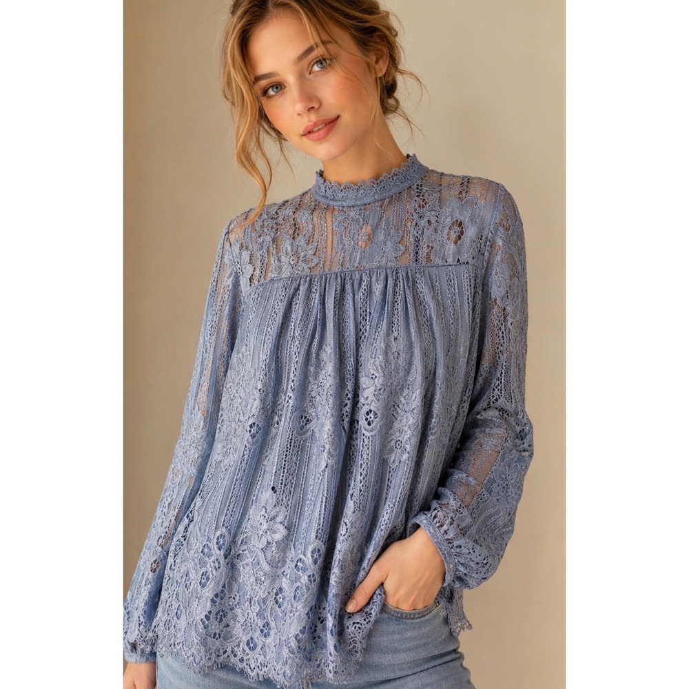 Taylor Sage Women Blue Floral Lace Mock Neck Long Sleeve Romantic Chic‎ Blouse L